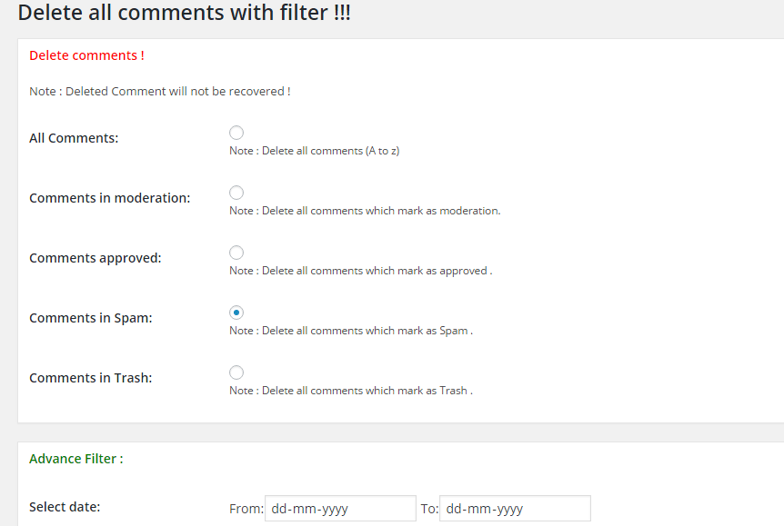 delete WP comments in bulk with WP Plugin